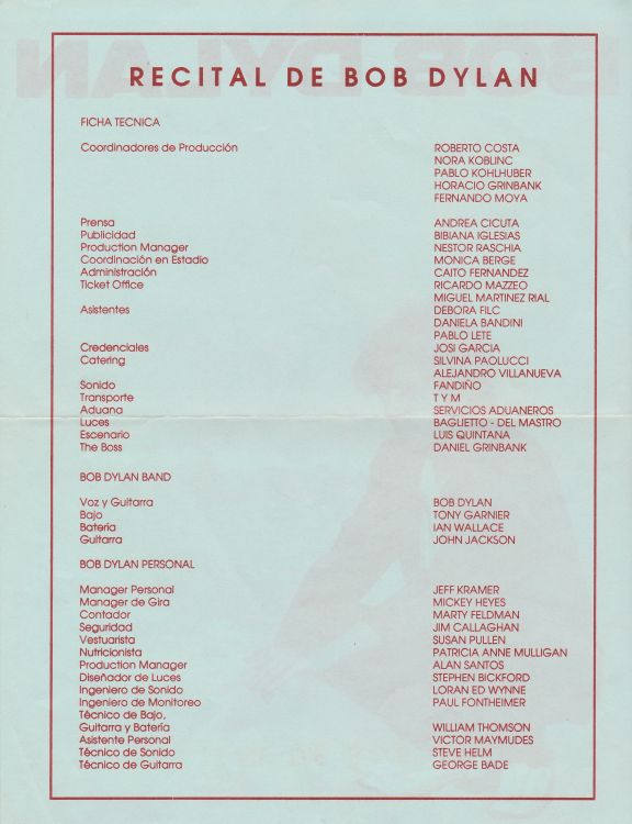Never Ending Tour 1991 argentina Bob Dylan programme