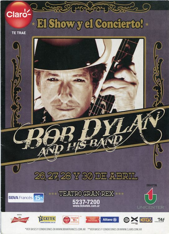 Bob Dylan buenos aires 2012 Programme