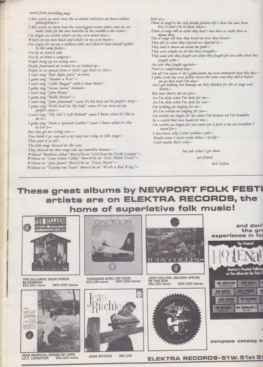 Newport Folk Festival 1963 Bob Dylan Programme inside page 2
