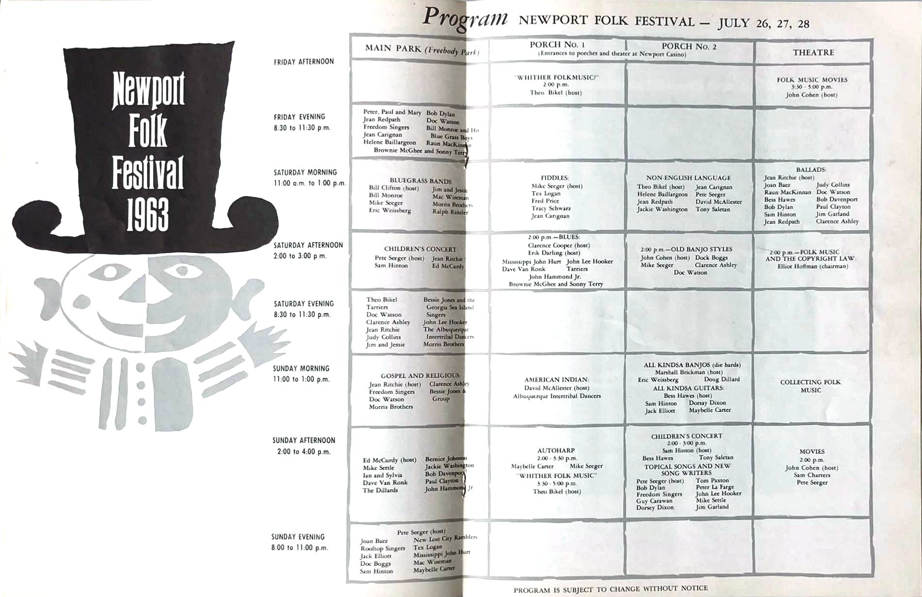 Newport Folk Festival 1963 Bob Dylan Programme inside page 3