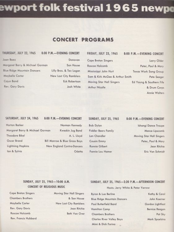 Newport Folk Festival 1965 Bob Dylan Programme inside page 4