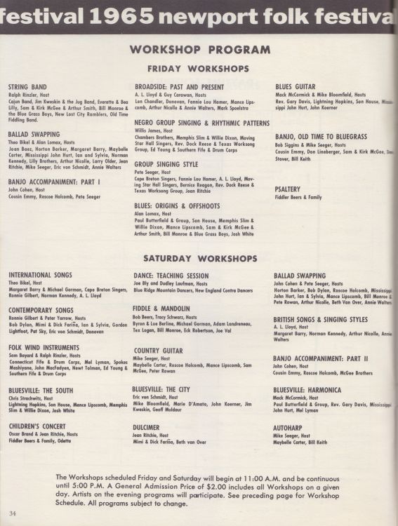 Newport Folk Festival 1965 Bob Dylan Programme inside page 5