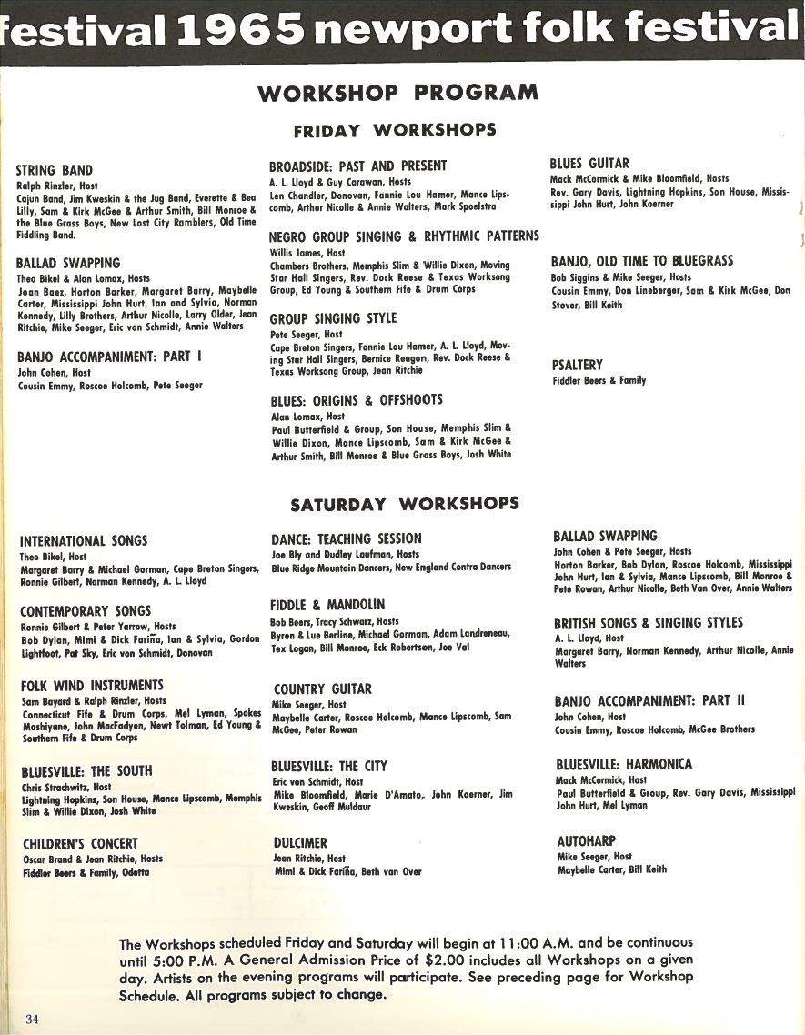 Newport Folk Festival 1965 Bob Dylan Programme inside page 5