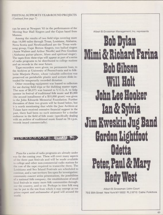Newport Folk Festival 1965 Bob Dylan Programme inside page 6