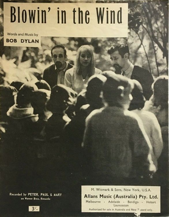 bob dylan blowin' in the wind Peter, Paul And Mary', Allan's Music, Australia sheet music