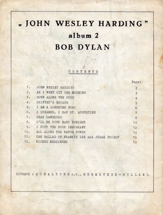 bob dylan John Wesley Harding Album 2, Schaltone Music Publishers, Heemsteedse Dreef 287 songbook