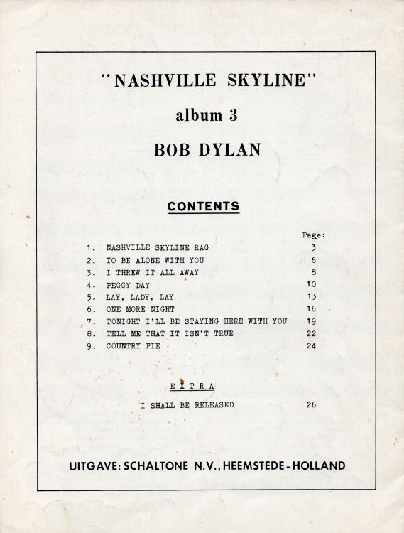 bob dylan nashville skyline Holland, Schaltone N.V., Music Publishers, Album 3, Bronsteeweg 49 songbook