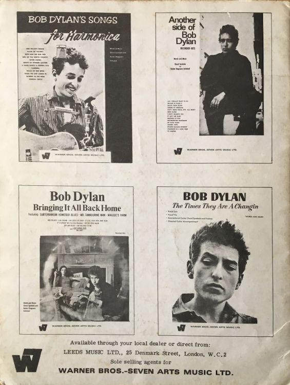 bob dylan The Times They Are A-Changin' 1966, Warner Bros., Seven Arts Music Ltd, Leeds Music Ltd songbook